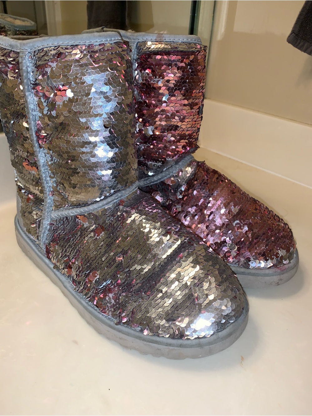 🍧Pink & Silver Cosmo Reversible sequined UGGs
